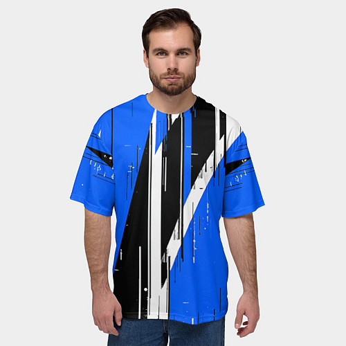 Мужская футболка оверсайз Чёрно-белые вертикальные полосы на синем фоне / 3D-принт – фото 3