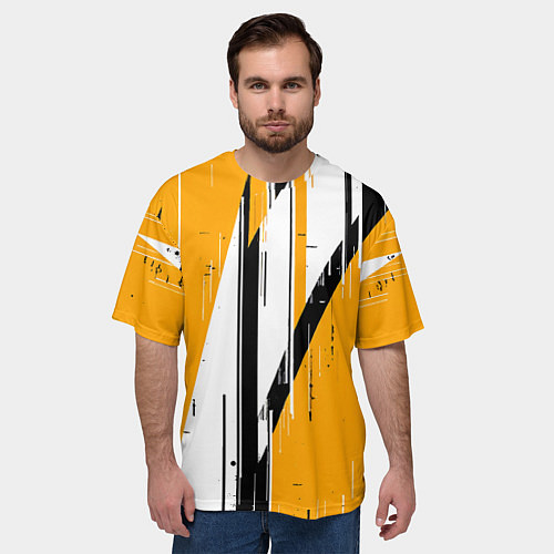 Мужская футболка оверсайз Чёрно-белые вертикальные полосы на жёлтом фоне / 3D-принт – фото 3