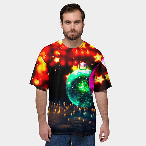 Мужская футболка оверсайз Новогоднее свечение игрушек / 3D-принт – фото 3