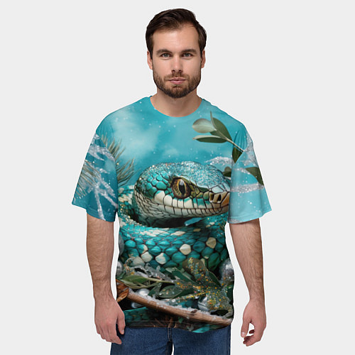 Мужская футболка оверсайз Зеленая змея новый год / 3D-принт – фото 3
