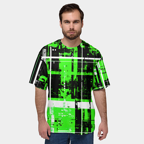 Мужская футболка оверсайз Зелёно-белый гранж на чёрном фоне / 3D-принт – фото 3