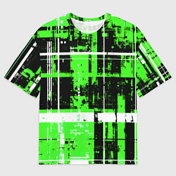 Мужская футболка оверсайз Зелёно-белый гранж на чёрном фоне