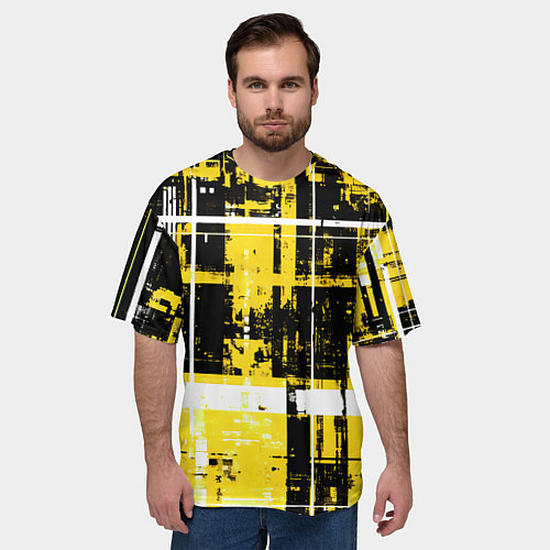 Мужская футболка оверсайз Жёлто-белый гранж на чёрном фоне / 3D-принт – фото 3