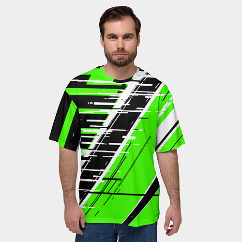 Мужская футболка оверсайз Чёрно-белые глитч полосы на зелёном фоне / 3D-принт – фото 3