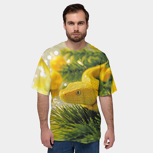 Мужская футболка оверсайз Змея новогодняя лимонного цвета / 3D-принт – фото 3