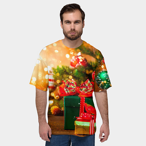 Мужская футболка оверсайз Новогодние подарки под ёлку / 3D-принт – фото 3