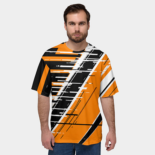 Мужская футболка оверсайз Чёрно-белые глитч полосы на оранжевом фоне / 3D-принт – фото 3