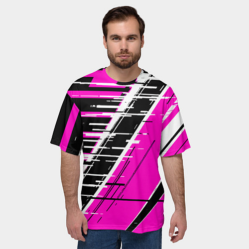 Мужская футболка оверсайз Чёрно-белые глитч полосы на розовом фоне / 3D-принт – фото 3
