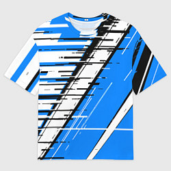 Футболка оверсайз мужская Чёрно-белые глитч полосы на синем фоне, цвет: 3D-принт