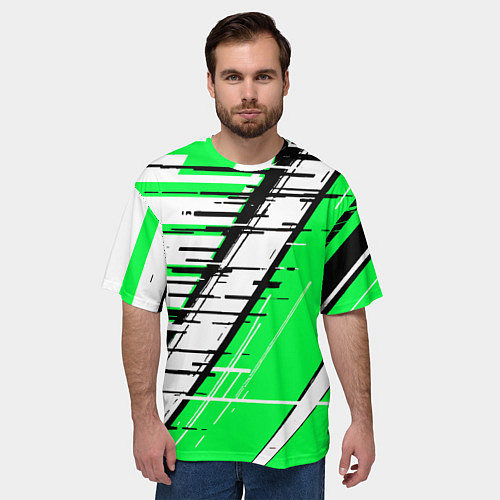 Мужская футболка оверсайз Чёрно-белые глитч полосы на зелёном фоне / 3D-принт – фото 3