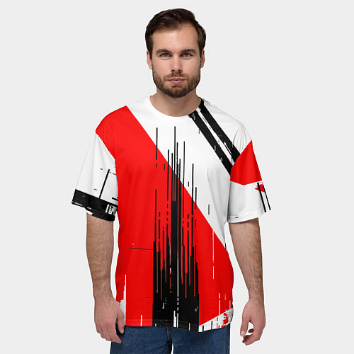 Мужская футболка оверсайз Вертикальные чёрные линии на красно-белом фоне / 3D-принт – фото 3