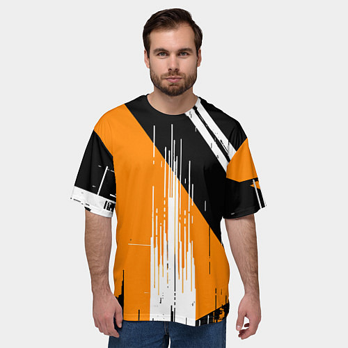 Мужская футболка оверсайз Вертикальные чёрные линии на оранжево-белом фоне / 3D-принт – фото 3