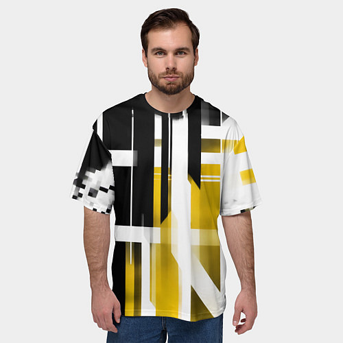 Мужская футболка оверсайз Чёрно-жёлтые вертикальные и горизонтальные полосы / 3D-принт – фото 3