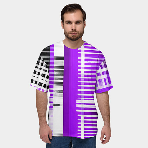 Мужская футболка оверсайз Белые полосы на чёрно-фиолетовом фоне / 3D-принт – фото 3