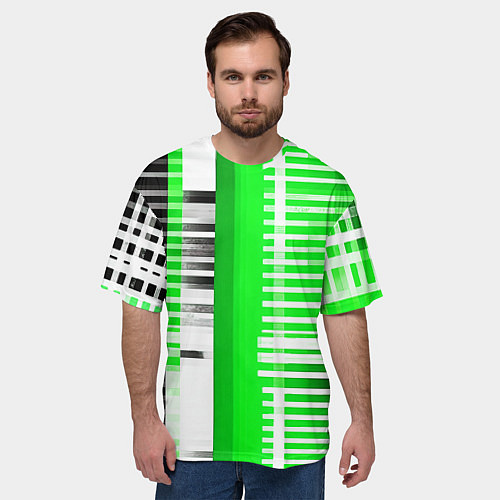 Мужская футболка оверсайз Белые полосы на зелёно-чёрном фоне / 3D-принт – фото 3