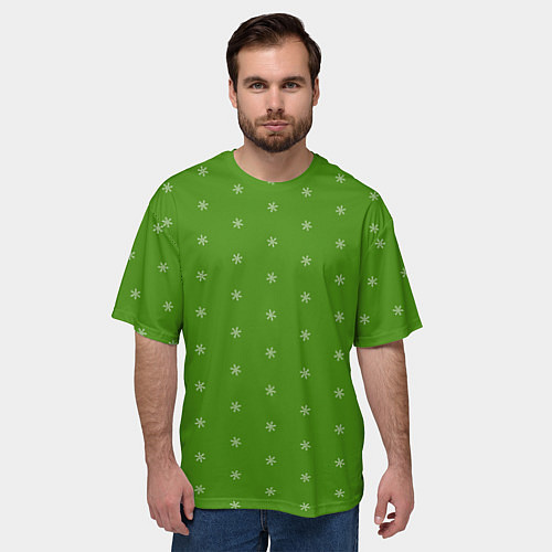 Мужская футболка оверсайз Снежинки на зеленом / 3D-принт – фото 3