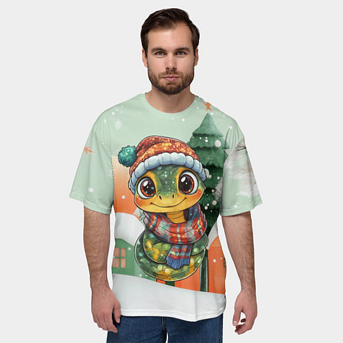 Мужская футболка оверсайз Новогодняя змейка в шарфике / 3D-принт – фото 3