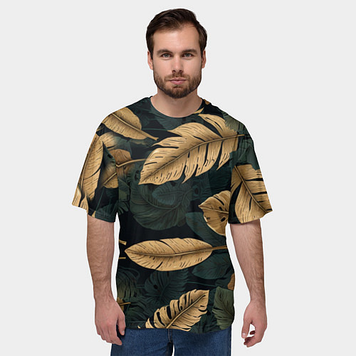 Мужская футболка оверсайз Золотые листья монстеры и перья / 3D-принт – фото 3