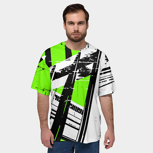 Мужская футболка оверсайз Чёрно-белые абстрактные линии на зелёном фоне / 3D-принт – фото 3