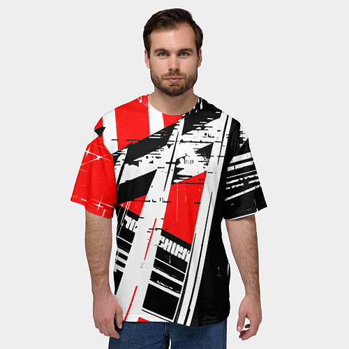 Мужская футболка оверсайз Чёрно-белые абстрактные линии на красном фоне / 3D-принт – фото 3