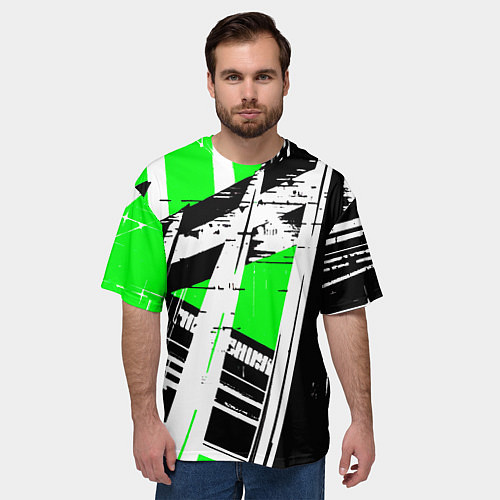 Мужская футболка оверсайз Чёрно-белые абстрактные линии на зелёном фоне / 3D-принт – фото 3