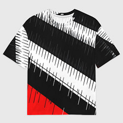 Мужская футболка оверсайз Диагональные чёрно-белые полосы на красном фоне