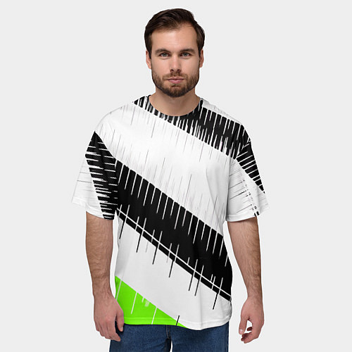 Мужская футболка оверсайз Диагональные чёрно-белые полосы на зелёном фоне / 3D-принт – фото 3