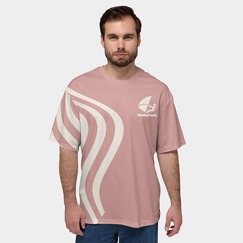 Мужская футболка оверсайз Парусник и волны на розовом / 3D-принт – фото 3