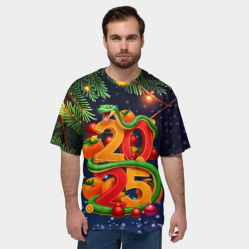 Мужская футболка оверсайз Змея и мандарины 2025 / 3D-принт – фото 3