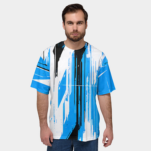 Мужская футболка оверсайз Вертикальные чёрно-белые линии на синем фоне / 3D-принт – фото 3