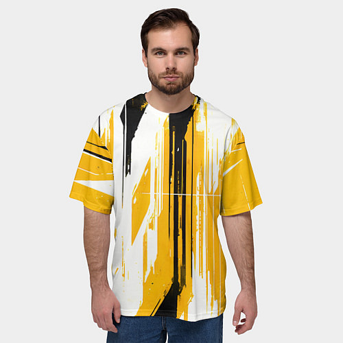 Мужская футболка оверсайз Вертикальные чёрно-белые линии на жёлтом фоне / 3D-принт – фото 3