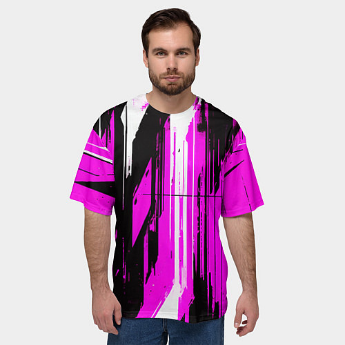 Мужская футболка оверсайз Вертикальные чёрно-белые линии на розовом фоне / 3D-принт – фото 3