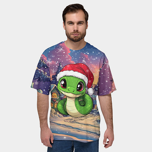 Мужская футболка оверсайз Маленькая змейка в новогодней шапочке / 3D-принт – фото 3