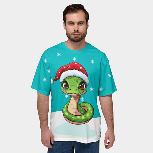 Мужская футболка оверсайз Змейка в новогодней шапочке / 3D-принт – фото 3