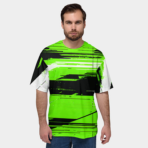 Мужская футболка оверсайз Горизонтальные чёрно-белые линии на зелёном фоне / 3D-принт – фото 3