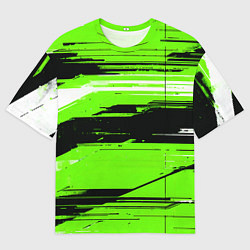 Футболка оверсайз мужская Горизонтальные чёрно-белые линии на зелёном фоне, цвет: 3D-принт