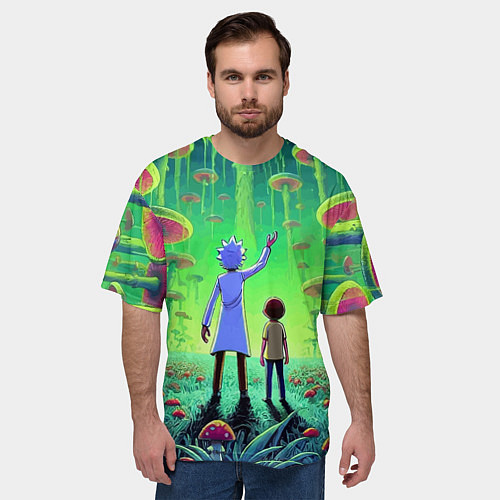 Мужская футболка оверсайз Рик и Морти в лесу гигантских грибов - неоновое св / 3D-принт – фото 3