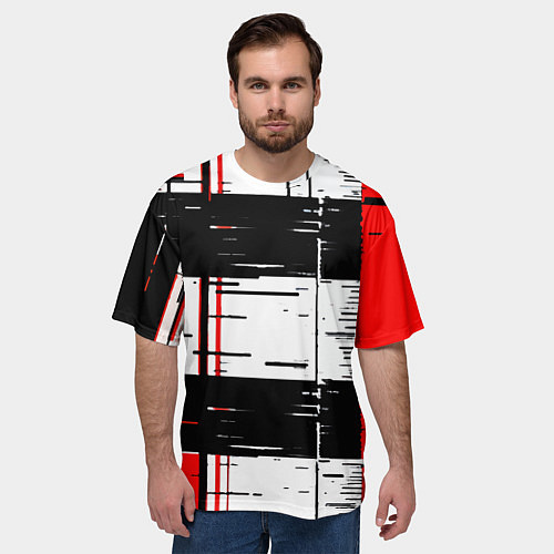 Мужская футболка оверсайз Чёрные и красные полосы на белом фоне / 3D-принт – фото 3