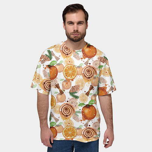Мужская футболка оверсайз Апельсины, корица, булочки с корицей на светлом фо / 3D-принт – фото 3