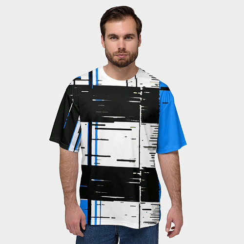 Мужская футболка оверсайз Синие и чёрные полосы на белом фоне / 3D-принт – фото 3