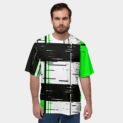 Мужская футболка оверсайз Зелёные и чёрные полосы на белом фоне / 3D-принт – фото 3