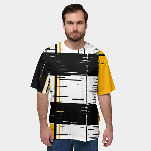 Мужская футболка оверсайз Жёлтые и чёрные полосы на белом фоне / 3D-принт – фото 3