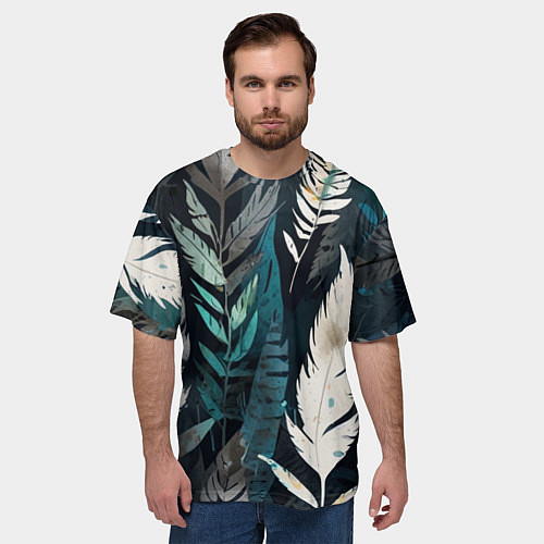 Мужская футболка оверсайз Перья и листья / 3D-принт – фото 3