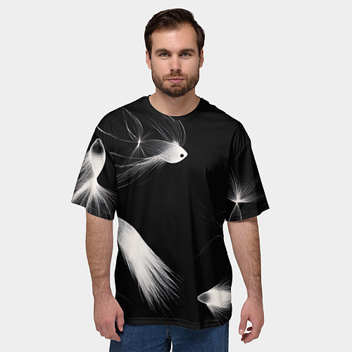 Мужская футболка оверсайз Белые рыбки на черном фоне - нейросеть / 3D-принт – фото 3