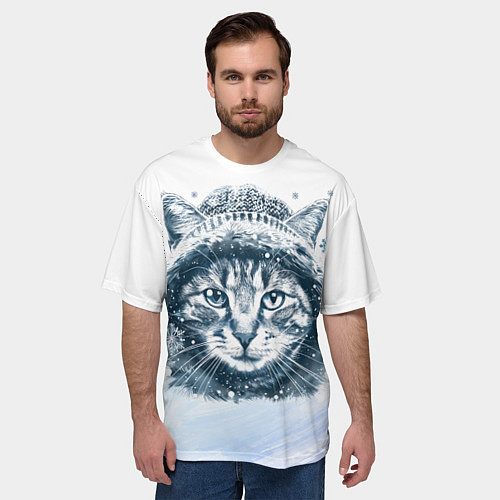 Мужская футболка оверсайз Котик в зимней шапке / 3D-принт – фото 3