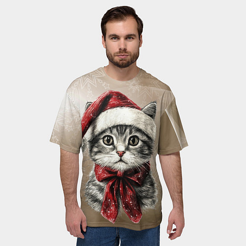 Мужская футболка оверсайз Котик в новогоднем колпаке / 3D-принт – фото 3