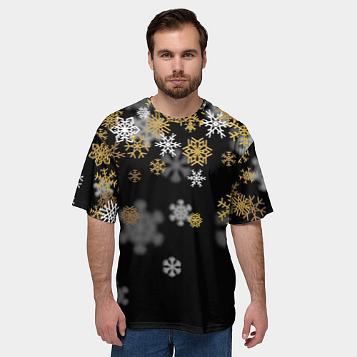 Мужская футболка оверсайз Снежинки объемные золотистые / 3D-принт – фото 3