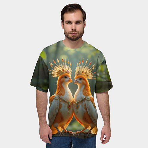 Мужская футболка оверсайз Влюбленные птички с коронами / 3D-принт – фото 3
