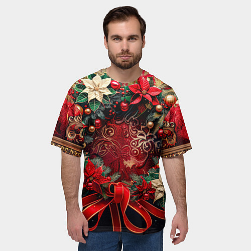 Мужская футболка оверсайз Новогодний венок с пуансеттией - нейросеть / 3D-принт – фото 3