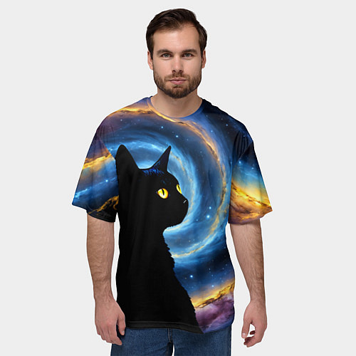 Мужская футболка оверсайз Кот на фоне космоса / 3D-принт – фото 3